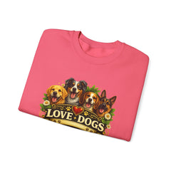 Love Dogs Crewneck Sweatshirt — Cute Paw Print & Dog Portraits Graphic