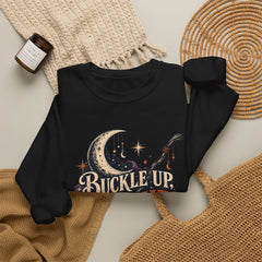 Buckle Up Witches Crewneck Sweatshirt — Retro Moon, Broom & Cauldron Halloween Pullover