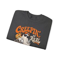 Halloween Ghost Sweatshirt — “Creepin’ It Real” Retro Pumpkin Graveyard Crewneck