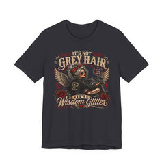 It's Not Grey Hair It's Wisdom Glitter T-Shirt — Vintage Skull & Rose Biker Tee for Women & Men