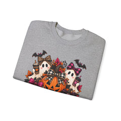 Halloween Pumpkin & Ghost Crewneck Sweatshirt — Cute Spooky Pink Leopard Fall Graphic