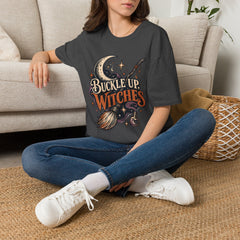 Buckle Up Witches T-Shirt — Retro Moon & Broom Halloween Tee- BP