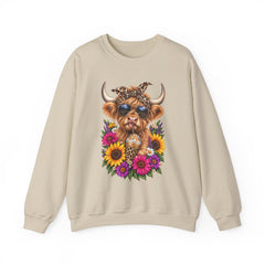 Highland Cow Floral Crewneck Sweatshirt – Sunflower Cow with Bandana & Sunglasses