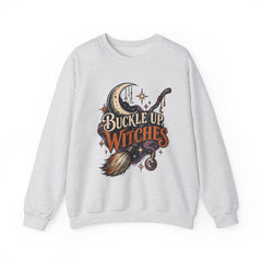 Buckle Up Witches Crewneck Sweatshirt — Retro Moon, Broom & Cauldron Halloween Pullover