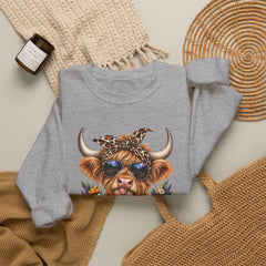Highland Cow Floral Crewneck Sweatshirt – Sunflower Cow with Bandana & Sunglasses