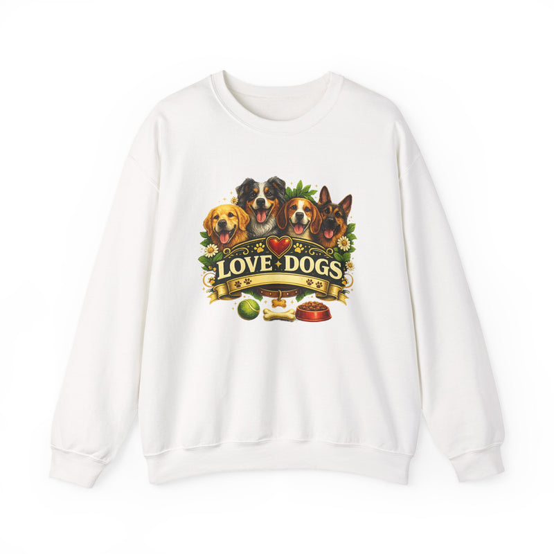 Love Dogs Crewneck Sweatshirt — Cute Paw Print & Dog Portraits Graphic