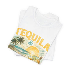Tequila & Tan Lines Beach T-Shirt — Tropical Sunset Vacation Tee