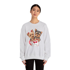 Yorkshire Terriers in Coffee Cup Sweatshirt - Valentine's Day Cuteness