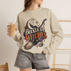 Buckle Up Witches Crewneck Sweatshirt — Retro Moon, Broom & Cauldron Halloween Pullover