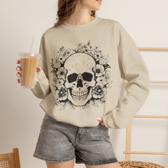 Skull & Floral Crewneck Sweatshirt — Gothic Skull with Flowers Graphic - Halloween