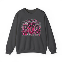 BOO Halloween Crewneck Sweatshirt — Pink Gothic Bat & Floral Design