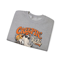 Halloween Ghost Sweatshirt — “Creepin’ It Real” Retro Pumpkin Graveyard Crewneck