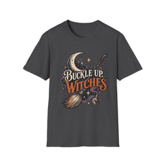Buckle Up Witches T-Shirt — Retro Moon & Broom Halloween Tee- BP