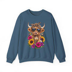 Highland Cow Floral Crewneck Sweatshirt – Sunflower Cow with Bandana & Sunglasses
