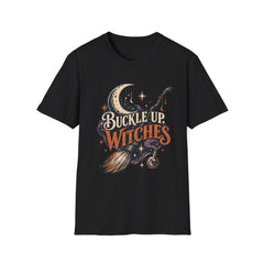 Buckle Up Witches T-Shirt — Retro Moon & Broom Halloween Tee- BP