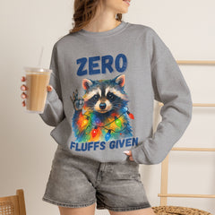 Crewneck Sweatshirt — "Zero Fluffs Given" Raccoon Holiday Gildan Crewneck