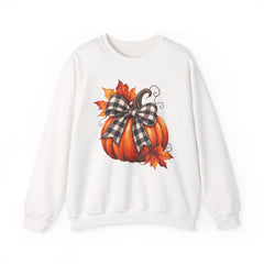 Fall Pumpkin Crewneck Sweatshirt – Buffalo Check Bow & Autumn Leaves