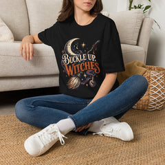 Buckle Up Witches T-Shirt — Retro Moon & Broom Halloween Tee- BP