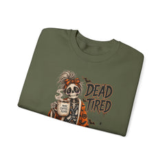 Dead Tired Halloween Crewneck Sweatshirt – Sleepy Skeleton Coffee Graphic Halloween
