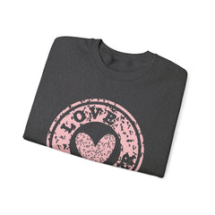 Crewneck Sweatshirt — Pink 'Love More' Heart Stamp Graphic