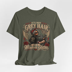 It's Not Grey Hair It's Wisdom Glitter T-Shirt — Vintage Skull & Rose Biker Tee for Women & Men