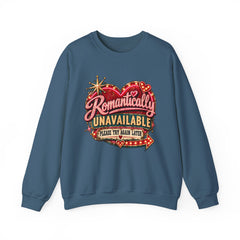 Romantically Unavailable Crewneck Sweatshirt — Retro Heart Neon Sign Valentine Graphic