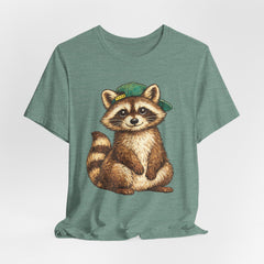Cute Raccoon Graphic Tee — Adorable Cartoon Raccoon with Green Cap