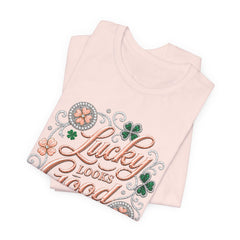 Lucky Looks Good On Me T‑Shirt — St. Patrick’s Day Clover Graphic Tee