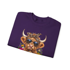 Highland Cow Floral Crewneck Sweatshirt – Sunflower Cow with Bandana & Sunglasses