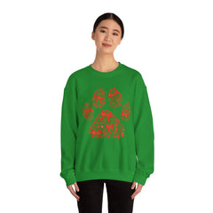 Christmas Bow Paw Print Gildan Sweatshirt — Red Heart Paw Design for Pet Lovers