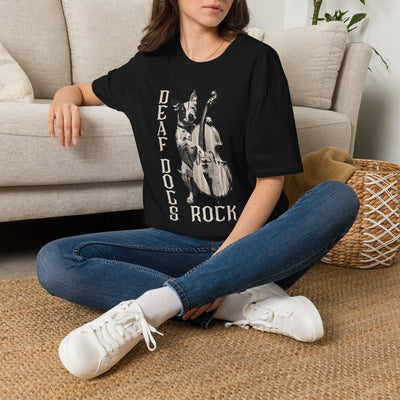 FB Rockstar Dog Unisex T-Shirt - Deaf Dogs Definitely Rock White Upright Bass Design