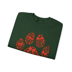 Christmas Bow Paw Print Gildan Sweatshirt — Red Heart Paw Design for Pet Lovers