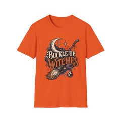Buckle Up Witches T-Shirt — Retro Moon & Broom Halloween Tee- BP