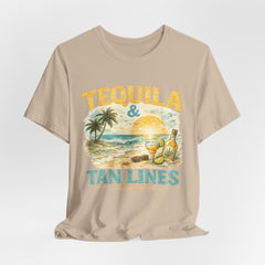 Tequila & Tan Lines Beach T-Shirt — Tropical Sunset Vacation Tee