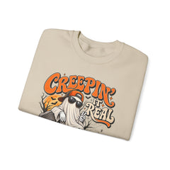 Halloween Ghost Sweatshirt — “Creepin’ It Real” Retro Pumpkin Graveyard Crewneck