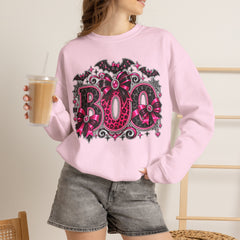 BOO Halloween Crewneck Sweatshirt — Pink Gothic Bat & Floral Design