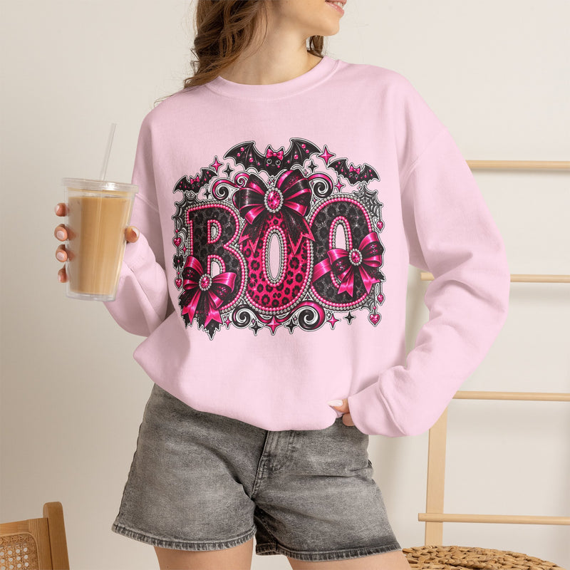BOO Halloween Crewneck Sweatshirt — Pink Gothic Bat & Floral Design
