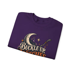 Buckle Up Witches Crewneck Sweatshirt — Retro Moon, Broom & Cauldron Halloween Pullover