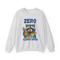 Crewneck Sweatshirt — "Zero Fluffs Given" Raccoon Holiday Gildan Crewneck
