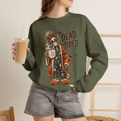 Dead Tired Halloween Crewneck Sweatshirt – Sleepy Skeleton Coffee Graphic Halloween
