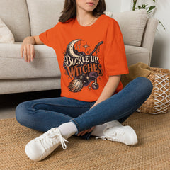 Buckle Up Witches T-Shirt — Retro Moon & Broom Halloween Tee- BP