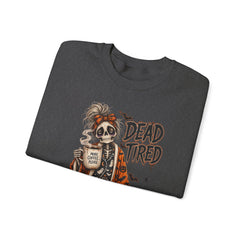 Dead Tired Halloween Crewneck Sweatshirt – Sleepy Skeleton Coffee Graphic Halloween