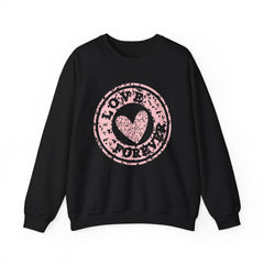 Crewneck Sweatshirt — Pink 'Love More' Heart Stamp Graphic
