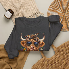 Highland Cow Floral Crewneck Sweatshirt – Sunflower Cow with Bandana & Sunglasses