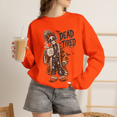 Dead Tired Halloween Crewneck Sweatshirt – Sleepy Skeleton Coffee Graphic Halloween