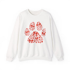 Christmas Bow Paw Print Gildan Sweatshirt — Red Heart Paw Design for Pet Lovers