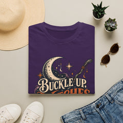 Buckle Up Witches T-Shirt — Retro Moon & Broom Halloween Tee- BP