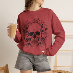 Skull & Floral Crewneck Sweatshirt — Gothic Skull with Flowers Graphic - Halloween
