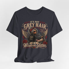 It's Not Grey Hair It's Wisdom Glitter T-Shirt — Vintage Skull & Rose Biker Tee for Women & Men
