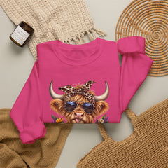 Highland Cow Floral Crewneck Sweatshirt – Sunflower Cow with Bandana & Sunglasses